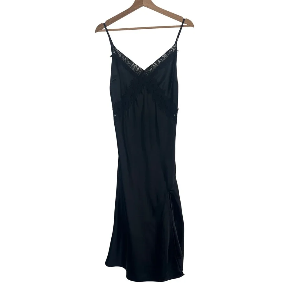 Lulus Black Satin Lace Trim Midi Slip Dress Feminine Adjustable Straps Womens M